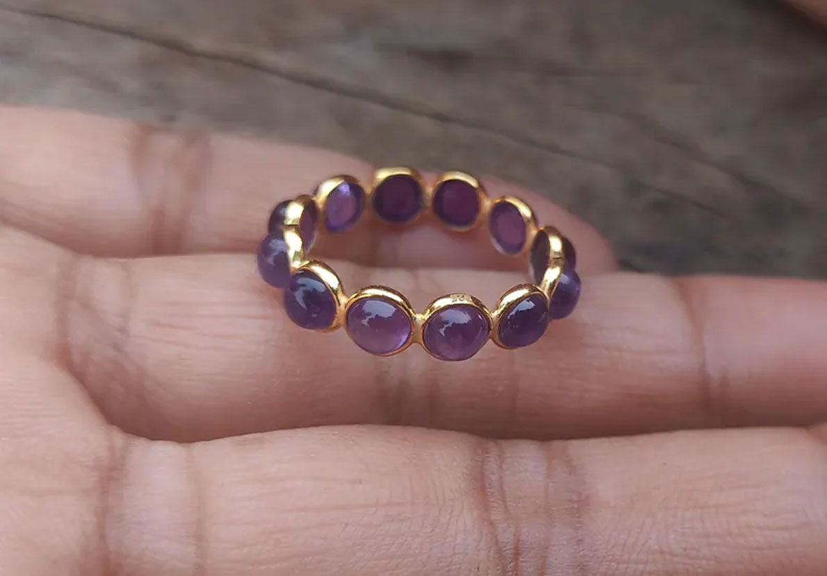 Trendy 925 Sterling Silver Gold Plated Gems Rings 3MM Handmade Amethyst Stone Round Shape Bezel Set Ring For Her Jewelry