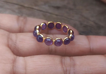 Trendy 925 Sterling Silver Gold Plated Gems Rings 3MM Handmade Amethyst Stone Round Shape Bezel Set Ring For Her Jewelry