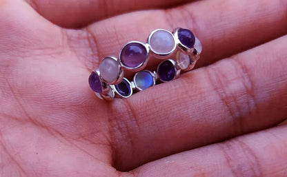 Trendy 925 Sterling Silver Gold Plated Gems Rings 3MM Handmade Amethyst or Rainbow Moonstone n Stone Round Shape Bezel Set Ring For Her Jewelry