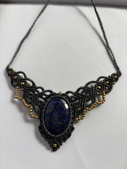 Handmade Macrame Necklace Stone Size 25To30MM Oval Shape Lapis Lazuli Gemstone Golden Color Beads Purple Color Threads Necklace For Women And Girl's Jewelry