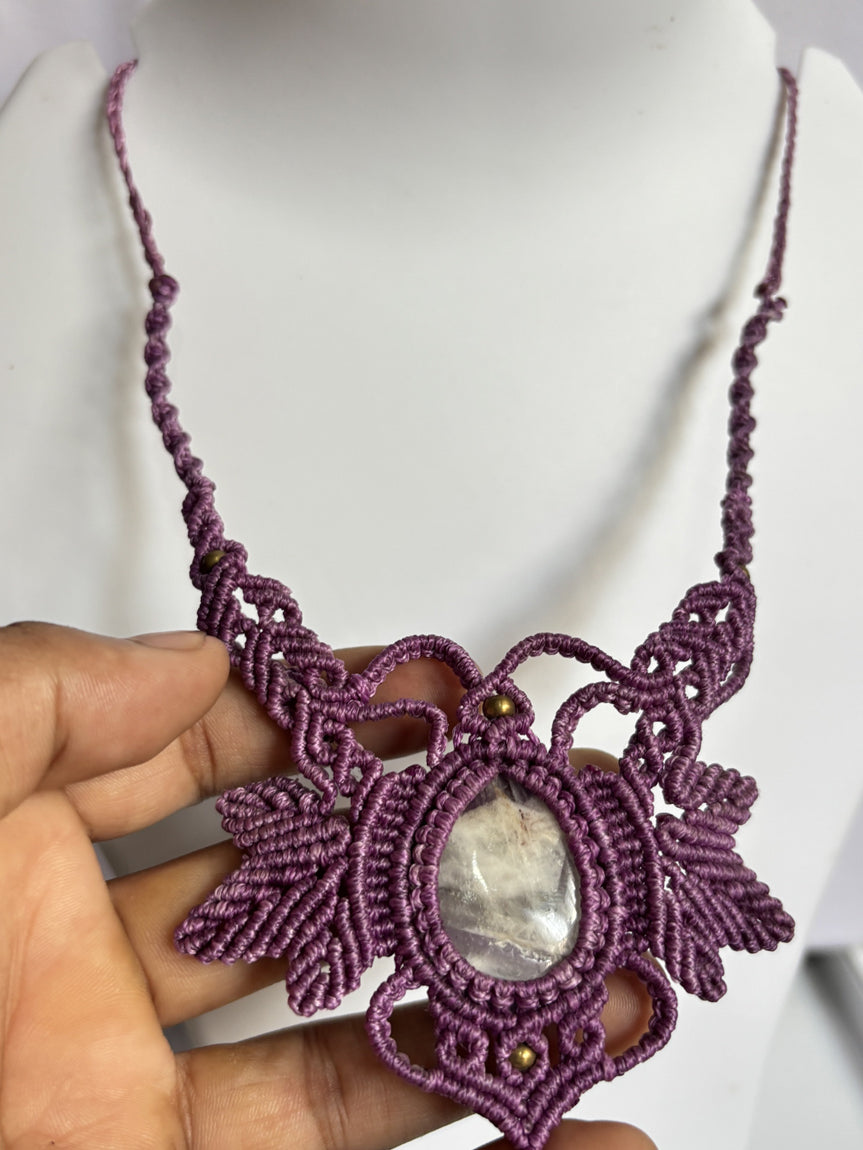 Trendy Handmade Macrame Necklace Stone Size 25To30MM Round Shape Amethyst Lace Agate Gemstone Beads Purple Color Threads Necklace For Women And Girl's Jewelry