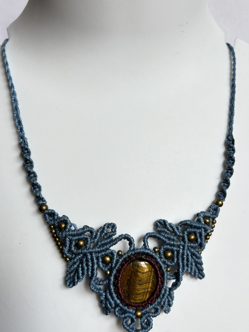 Trendy Handmade Macrame Necklace Stone Size 25To30MM Round Shape Tiger Eye Gemstone Beads Purple Color Threads Bezel Set Necklace For Women And Girl's Jewelry (Copy)