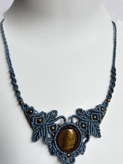 Trendy Handmade Macrame Necklace Stone Size 25To30MM Round Shape Tiger Eye Gemstone Beads Purple Color Threads Bezel Set Necklace For Women And Girl's Jewelry (Copy)