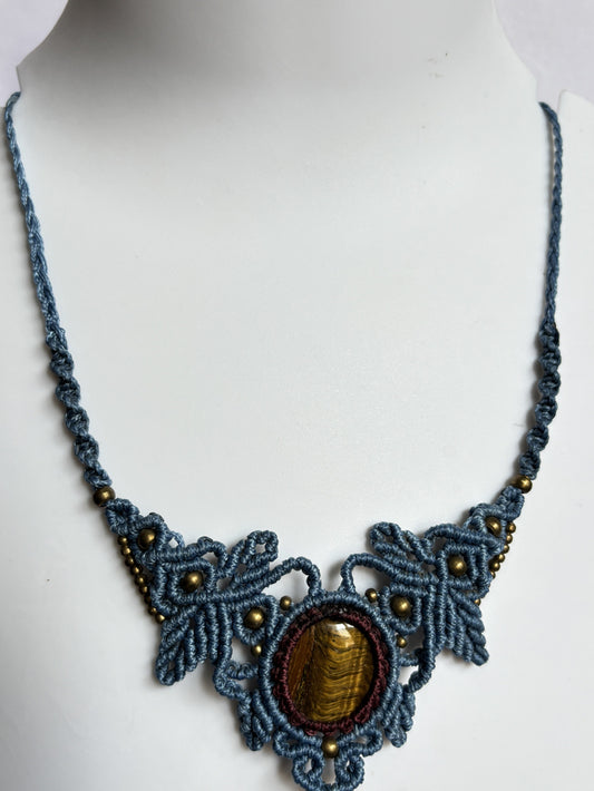 Trendy Handmade Macrame Necklace Stone Size 25To30MM Round Shape Tiger Eye Gemstone Beads Purple Color Threads Bezel Set Necklace For Women And Girl's Jewelry (Copy)