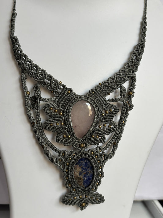 Trendy Crafted By Hand Macrame Necklace Stone Size 20To25MM Oval Pear Shape Rose Quartz or Lapis Lazuli Double  Gemstone Beads Green Color Threads Bezel Set Necklace For Women And Girl's Jewelry