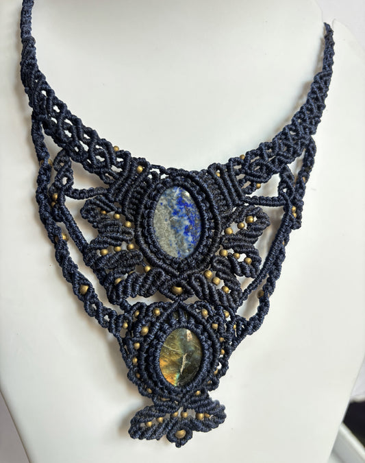 Trendy Crafted By Hand Macrame Necklace Stone Size 20To25MM Oval Shape Labradorite or Tiger Eyes Double  Gemstone Beads Green Color Threads Bezel Set Necklace For Women And Girl's Jewelry