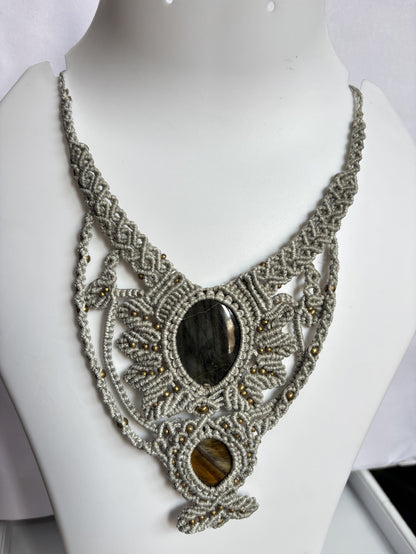 Macrame Labradorite & Tiger Eye Oval Necklace 20–25MM
