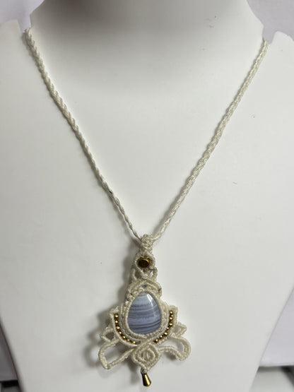 Trendy Crafted By Hand Macrame Necklace Stone Size 20To25MM Pear Shape Blue Lace Agate Gemstone Beads White Color Threads Bezel Set Necklace For Women And Girl's Jewelry