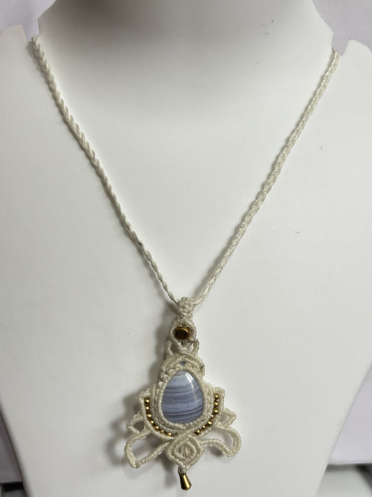 Trendy Crafted By Hand Macrame Necklace Stone Size 20To25MM Pear Shape Blue Lace Agate Gemstone Beads White Color Threads Bezel Set Necklace For Women And Girl's Jewelry