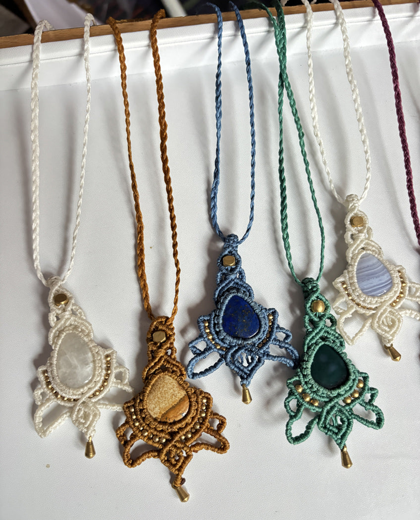 Macrame Necklace with Pear Shape Mixed Gemstones