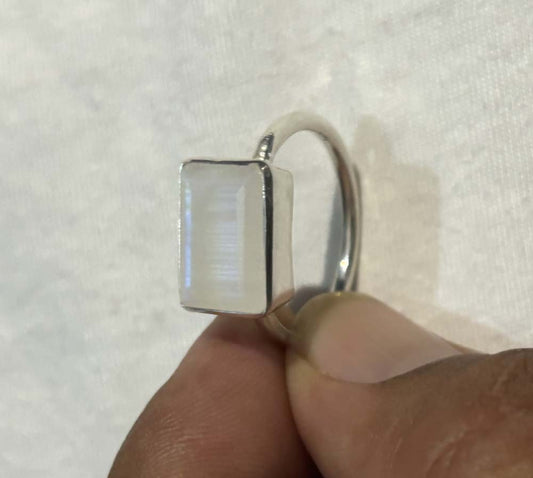 Crafted By Hand Sterling Silver Rectangle Shape Rainbow Moonstone 8X12MM Ring Bezel Setting Women Vintage Ring Gift For Her Jewelry