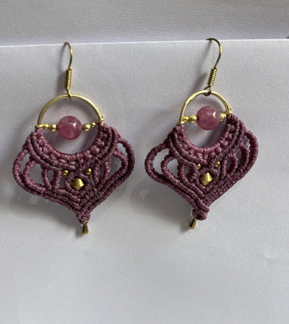 Macrame Dangle Golden Brass Earrings with Green Cords