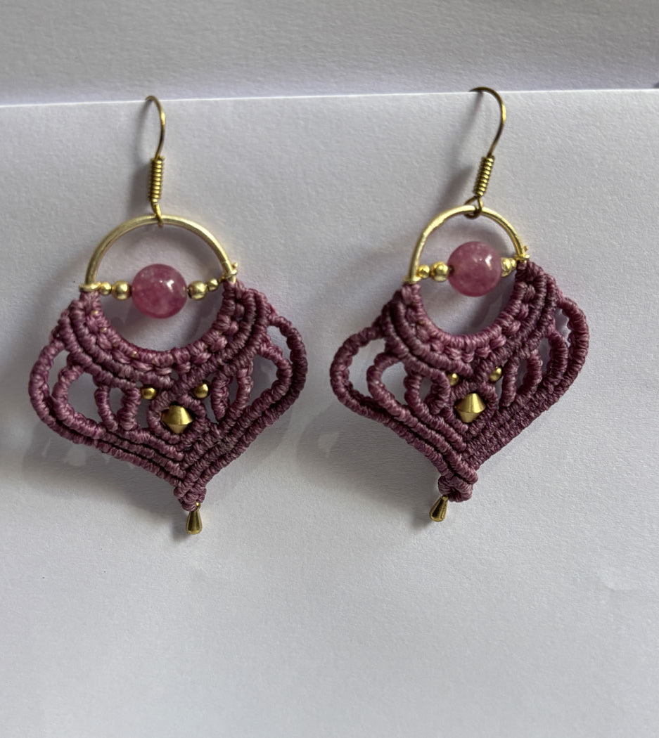 Macrame Dangle Golden Brass Earrings with Blue Beads