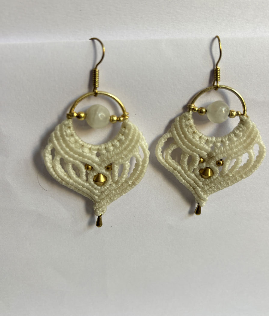 Macrame Dangle Golden Brass Earrings with Blue Beads