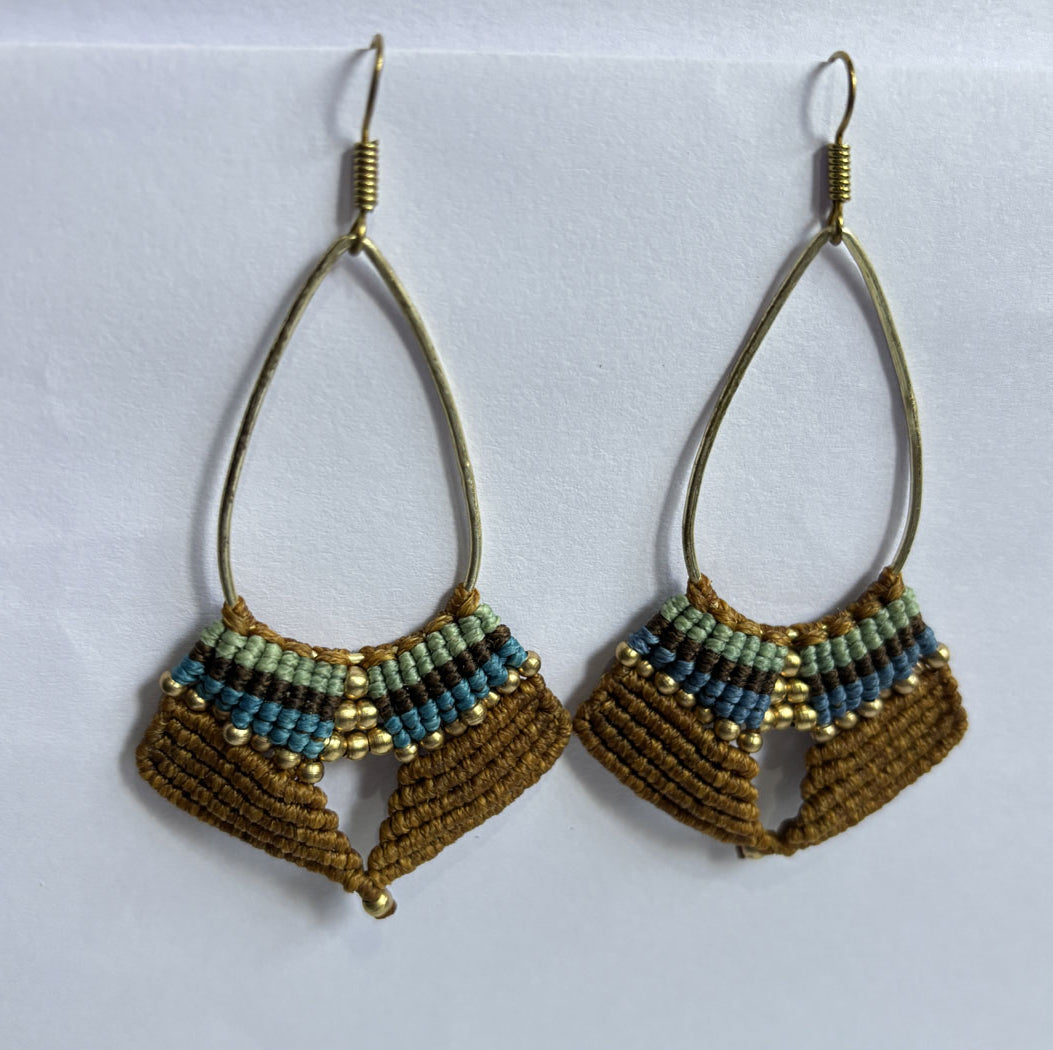 Macrame Dangle Brass Earrings Handmade Mixed Color