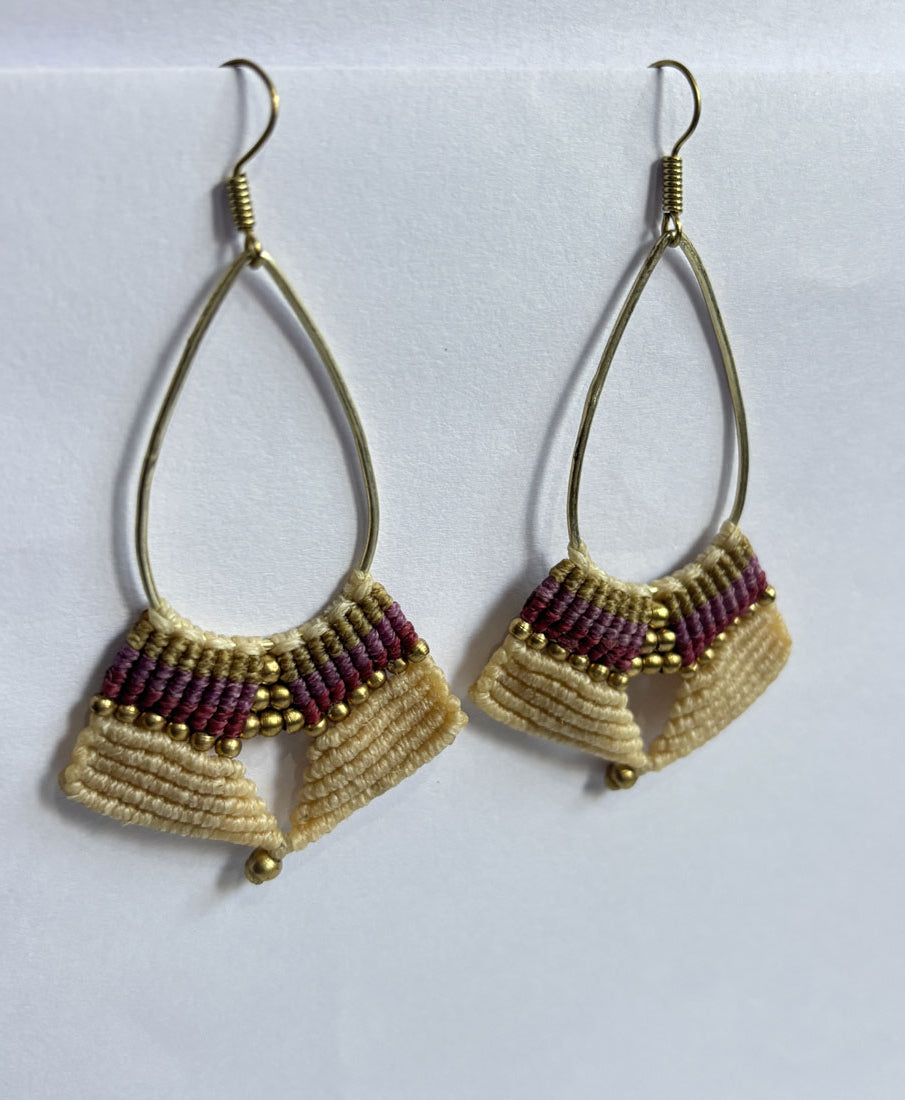 Macrame Dangle Golden Brass Earrings with Blue Beads