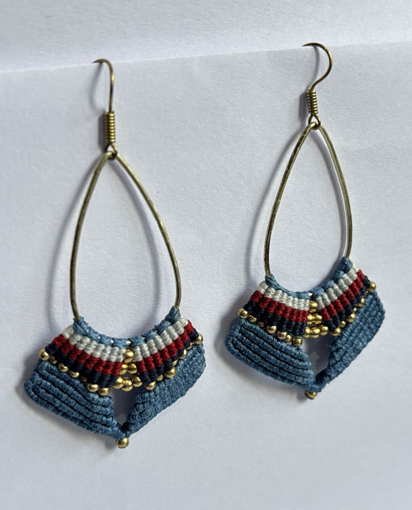 Macrame Dangle Golden Brass Earrings with Blue Beads