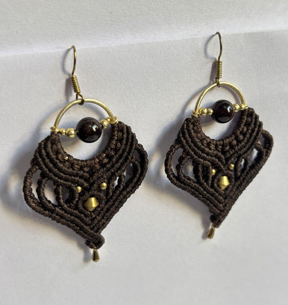 Macrame Dangle Golden Brass Earrings with Black Threads
