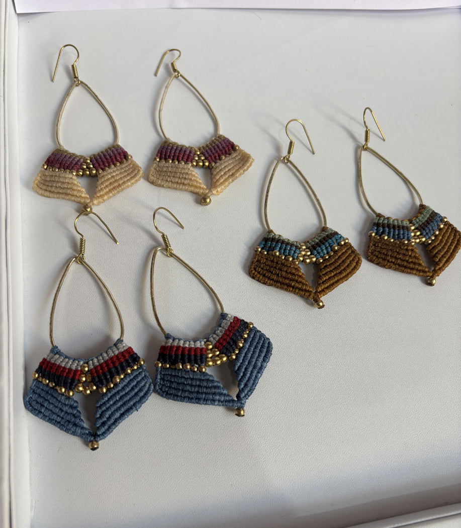 Macrame Dangle Brass Earrings | Handmade Mixed Color