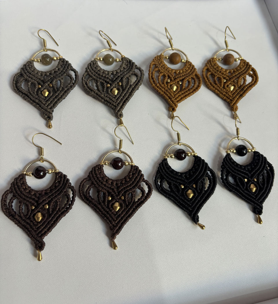 Macrame Dangle Golden Brass Earrings with Blue Beads