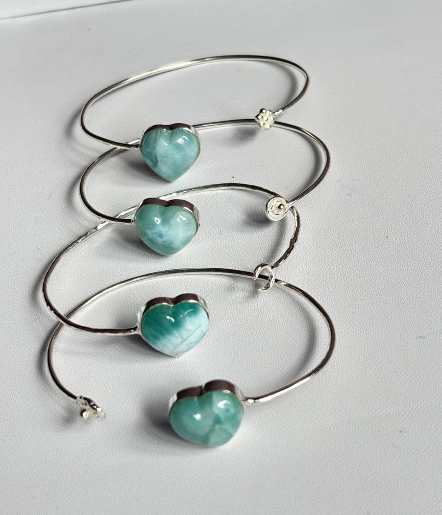 925 Sterling Silver Adjustable Bangles 15MM Heart Shape Larimar Gemstone Bangle Bezel Set For Happy Birthday Gift's For Her Bangles
