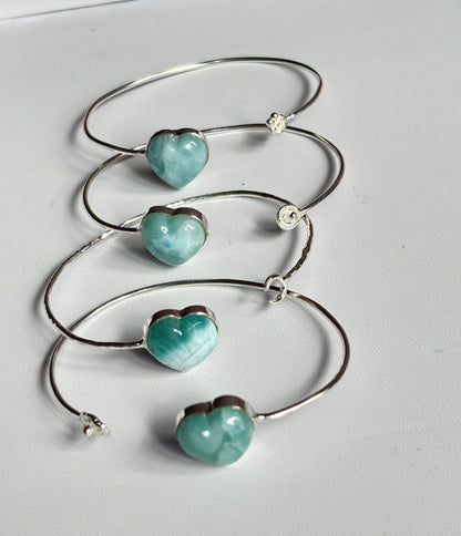 925 Sterling Silver Adjustable Bangles 15MM Heart Shape Larimar Gemstone Bangle Bezel Set For Happy Birthday Gift's For Her Bangles