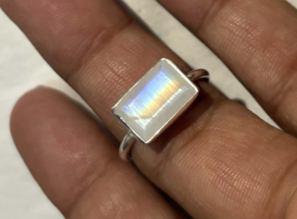 Crafted By Hand Sterling Silver Rectangle Shape Rainbow Moonstone 8X12MM Ring Bezel Setting Women Vintage Ring Gift For Her Jewelry