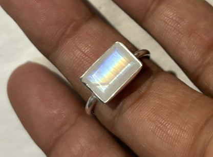 Crafted By Hand Sterling Silver Rectangle Shape Rainbow Moonstone 8X12MM Ring Bezel Setting Women Vintage Ring Gift For Her Jewelry