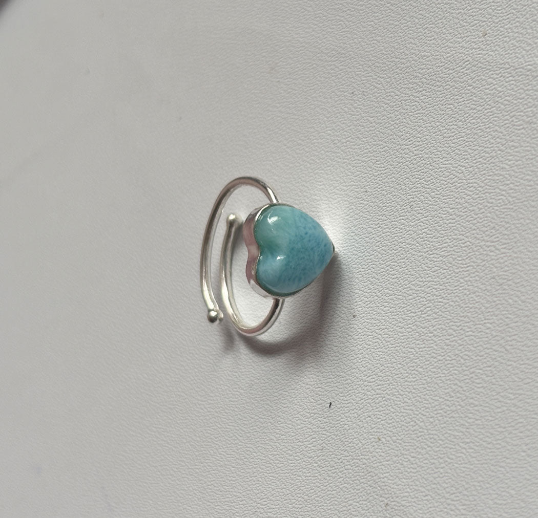 Awesome Handmade 925 Sterling Silver Adjustable Rings 12MM Heart Shape Larimar Gemstone Ring Bezel Setting Ring For Anniversary Gift Ring