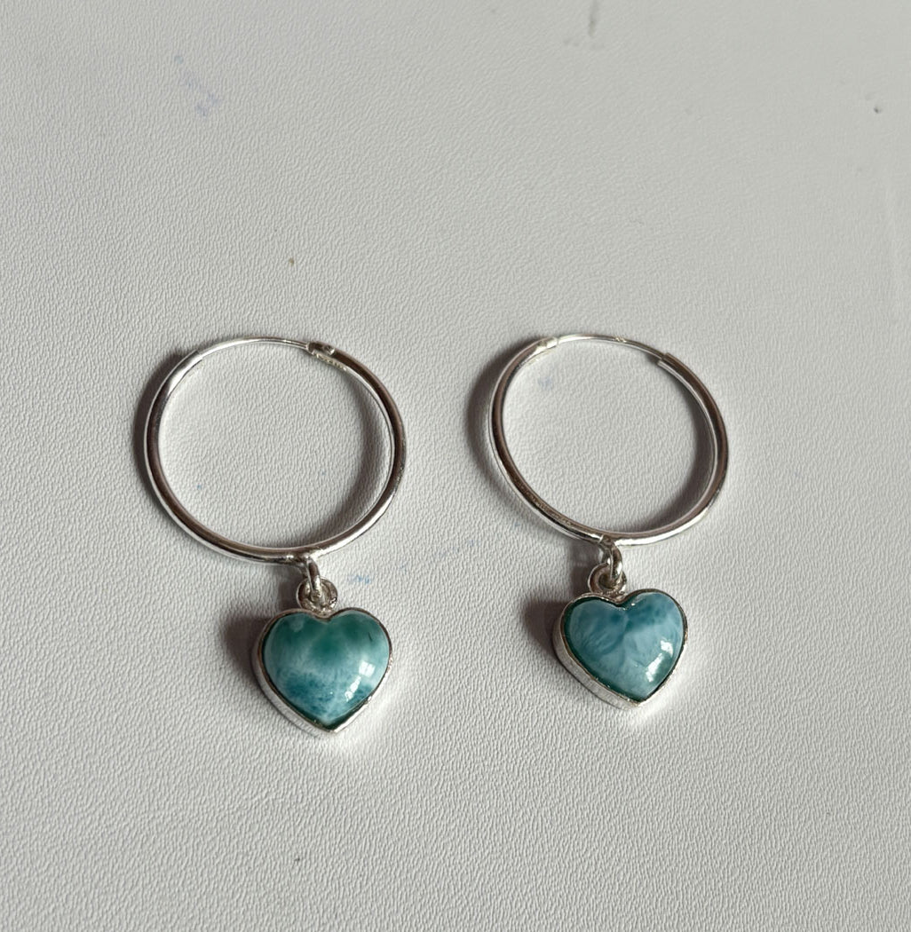 Awesome Handmade 925 Sterling Silver Hoop Pair Earrings Heart Shape 12MM Larimar Gemstone Earring Drilled Set For Women or Girl's Jewelry