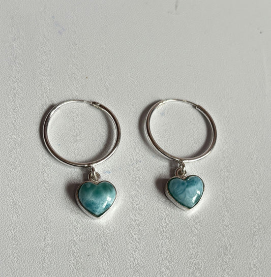 Awesome Handmade 925 Sterling Silver Hoop Pair Earrings Heart Shape 12MM Larimar Gemstone Earring Drilled Set For Women or Girl's Jewelry