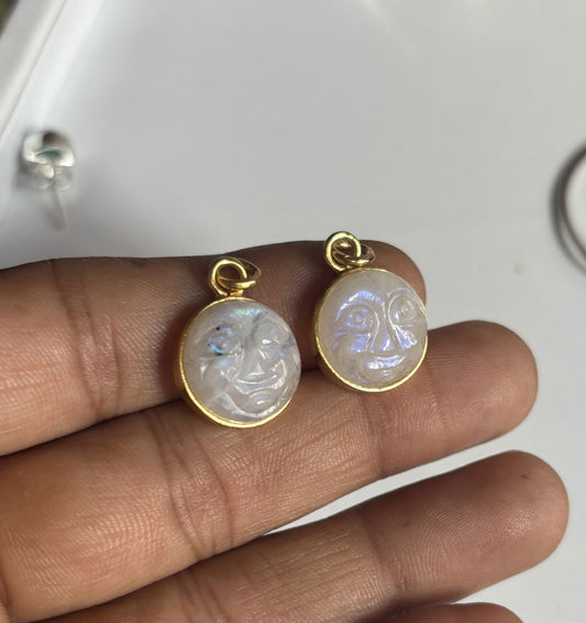 Handmade 14MM Full Moon Face Shape Rainbow Moonstone Pendant Bezel Setting 925 Sterling Silver Gold Plated Pendant Anniversary Gift for Wife For Her