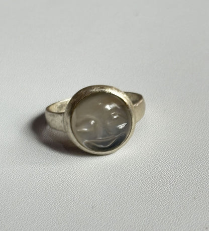 Handmade 925 Sterling Silver Adjustable Rings 12MM Full Moon Shape Gray Moonstone Gemstone Ring Bezel Setting Ring For Anniversary Gift Ring