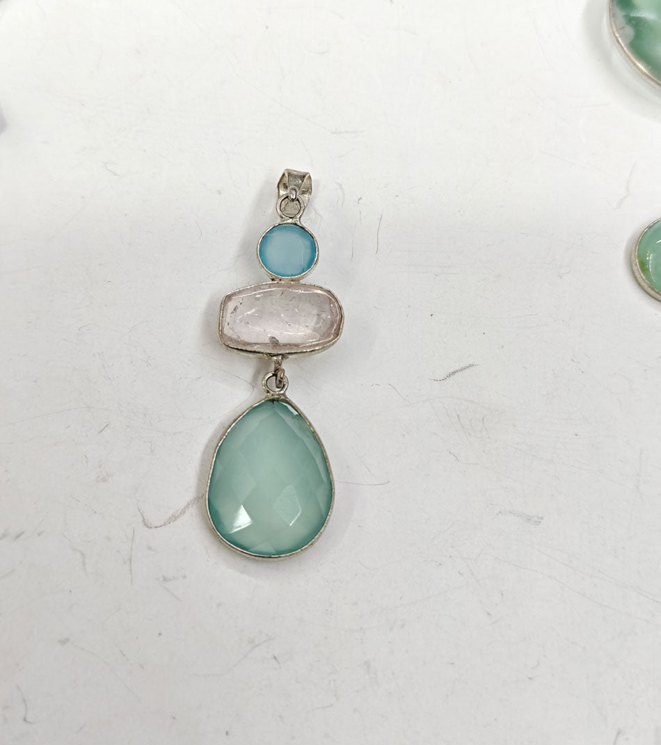 Handmade Stone Size 15MM 12MM 8MM Oval Half Moon Shape Triple Stone Chalcedony Rose Quartz Pendant  Gemstone Pendant Bezel Setting 925 Sterling Silver Pendant Anniversary Gift for Wife For Her