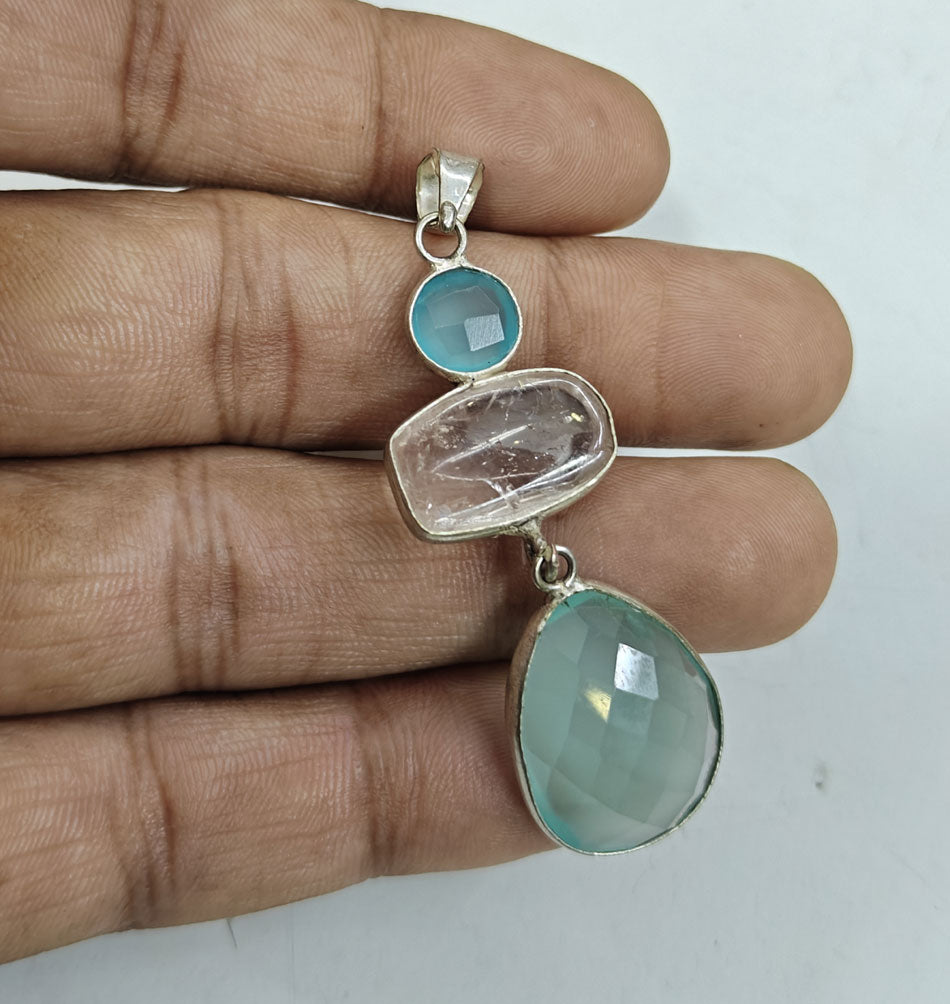 Handmade Stone Size 15MM 12MM 8MM Oval Half Moon Shape Triple Stone Rose Quartz Chalcedony Aventurine Pendant  Gemstone Pendant Bezel Setting 925 Sterling Silver Pendant Anniversary Gift for Wife For Her