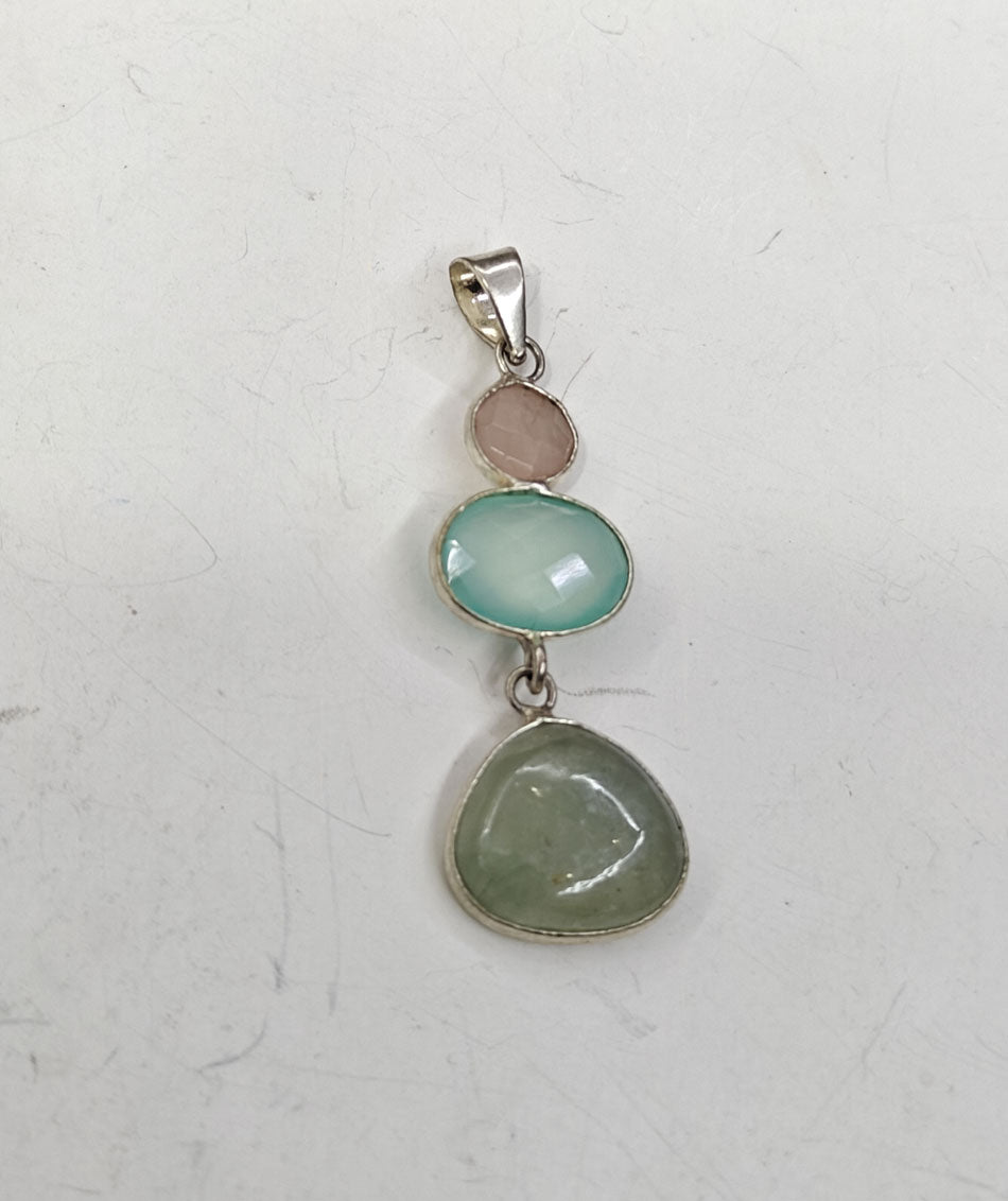 Handmade Stone Size 15MM 12MM 8MM Oval Half Moon Shape Triple Stone Rose Quartz Chalcedony Aventurine Pendant  Gemstone Pendant Bezel Setting 925 Sterling Silver Pendant Anniversary Gift for Wife For Her