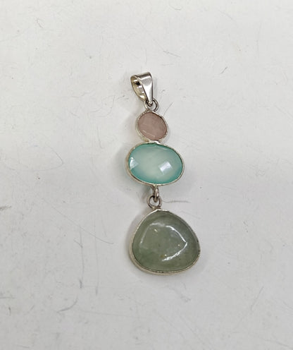 Handmade Stone Size 15MM 12MM 8MM Oval Half Moon Shape Triple Stone Rose Quartz Chalcedony Aventurine Pendant  Gemstone Pendant Bezel Setting 925 Sterling Silver Pendant Anniversary Gift for Wife For Her
