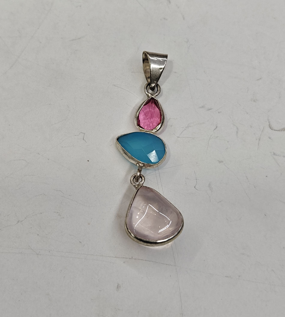 Handmade Triple Stone Size 14mm 12mm 8mm Triangle Oval Shape Pendant Mix Gemstone Pendant Bezel Setting 925 Sterling Silver Pendant Anniversary Gift for Wife For Her