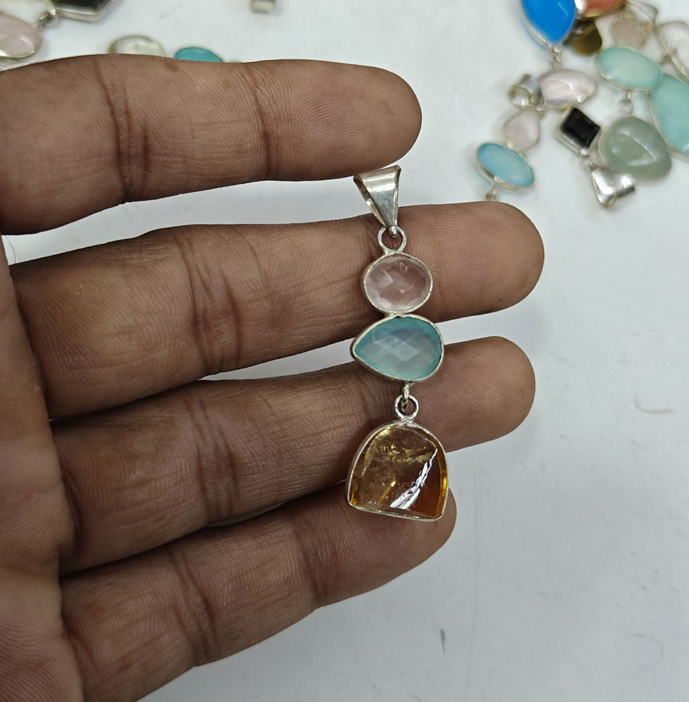 Triple Stone Size 14mm 12mm 8mm Triangle Oval Pear Shape Pendant Citrine Mix Gemstone Pendant Bezel Setting 925 Sterling Silver Pendant Anniversary Gift for Wife For Her