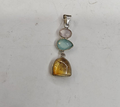 Triple Stone Size 14mm 12mm 8mm Triangle Oval Pear Shape Pendant Citrine Mix Gemstone Pendant Bezel Setting 925 Sterling Silver Pendant Anniversary Gift for Wife For Her