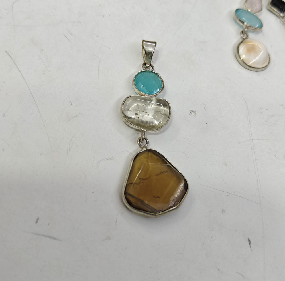 Handmade Triple Stone Size 14mm 12mm 8mm Triangle Oval Shape Pendant Citrine Mix Gemstone Pendant Bezel Setting 925 Sterling Silver Pendant Anniversary Gift for Wife For Her