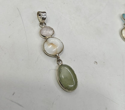Handmade Stone Size 15MM 12MM 8MM Oval Half Moon Shape Triple Stone Rose Quartz Chalcedony Pendant  Gemstone Pendant Bezel Setting 925 Sterling Silver Pendant Anniversary Gift for Wife For Her