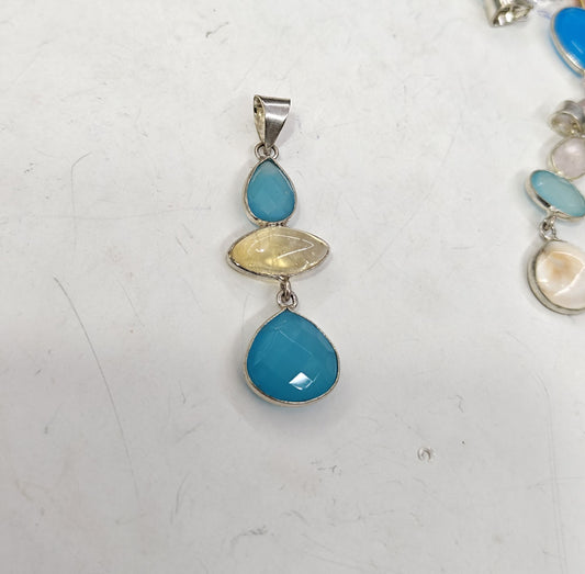 Handmade Triple Stone Size 15mm 12mm 8mm Pear Oval Shape Blue Chalcedony Mix Gemstone Pendant Bezel Setting 925 Sterling Silver Pendant Anniversary Gift for Wife For Her
