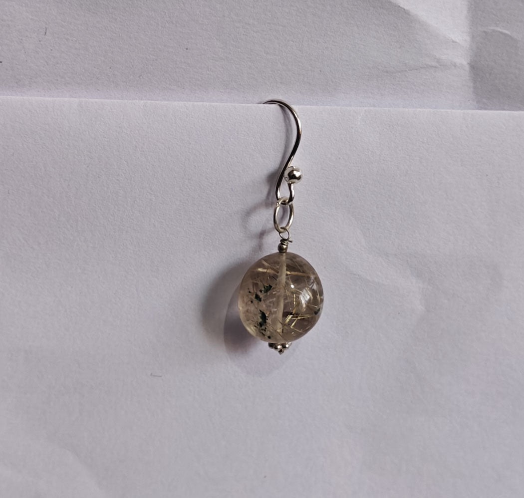 925 Sterling Silver Dangle Pair Earrings Round 10MM Rutile Quartz Gemstone Earring Drilled Set For Women or Girls Jewelry