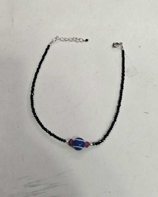 925 Sterling Silver Bracelet Handmade Round Shape 8MM Blue Agate Beads Gemstone Bracelet or 3MM Black Onyx Beads Adjustable Bracelet Drilled Set For Friendship Gift's