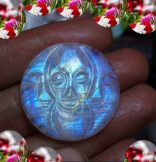 Handmade Carving Gemstone Triple Moon Face  Shape 25To30MM Rainbow Moonstone Natural Carving Stone For Used Making Jewelry