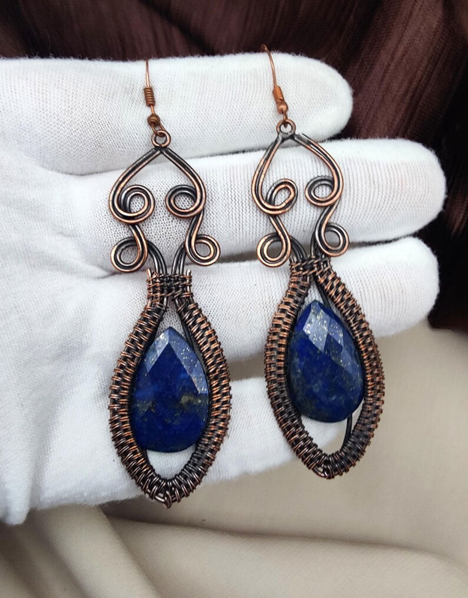 Handmade Metal Wire Wrapped Dangle Pair Earrings Lapis Lazuli Gemstone Stone Size 15MM Pear Shape Wire Wrapped Setting Earring Foe Women's Gift Jewelry