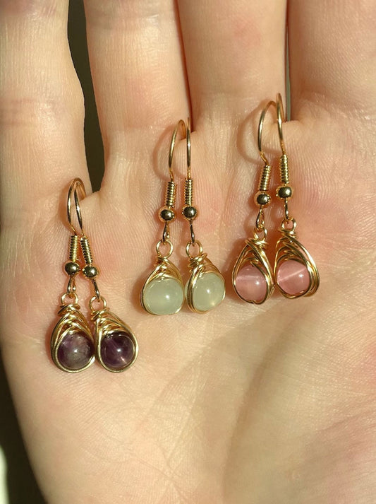 Handmade Metal Wire Wrapped Dangle Pair Earrings Mix Gemstone Stone Size 8To10MM Round Shape Wire Wrapped Setting Earring Foe Women's Gift Jewelry
