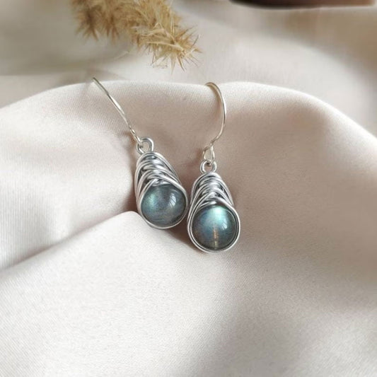 Handmade Metal Wire Wrapped Dangle Pair Earrings Labradorite Gemstone Stone Size 10MM Round Shape Wire Wrapped Setting Earring Foe Women's Gift Jewelry