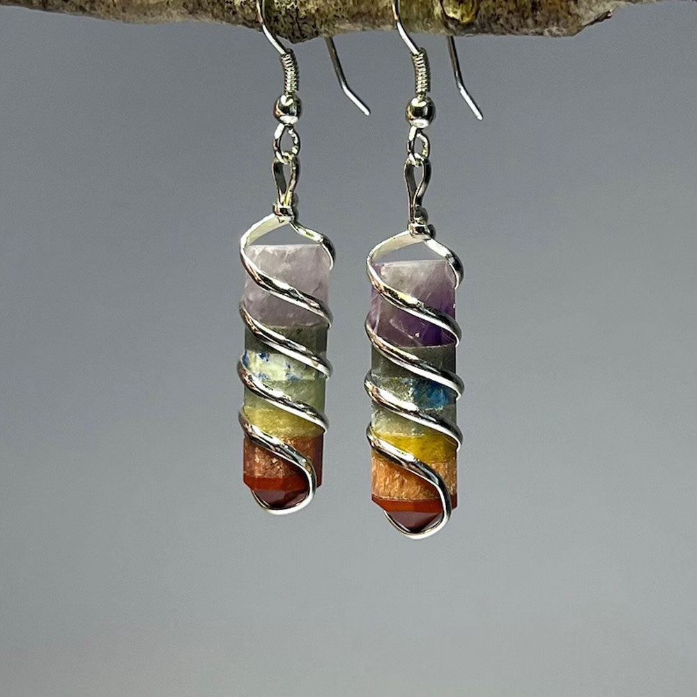 Handmade Metal Wire Wrapped Dangle Pair Earrings Seven Chakra Gemstone Stone Size 15To20MM Pencil Shape Wire Wrapped Setting Earring Foe Women's Gift Jewelry